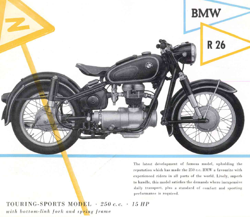 Page extraite du catalogue motos BMW de 1956, il y est vanté les performances sportives de la R26.